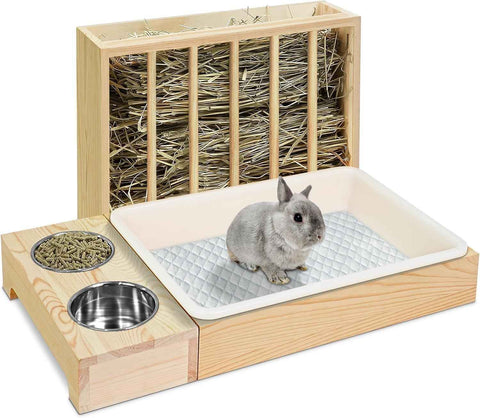 Wooden Rabbit Hay Feeder with 3-in-1 Litter Box and Bowls, Small Animal Rack for Guinea Pigs, Chinchillas, Hamsters, and Dwarf Rabbits - Wood Color In Australia - Darrahopens