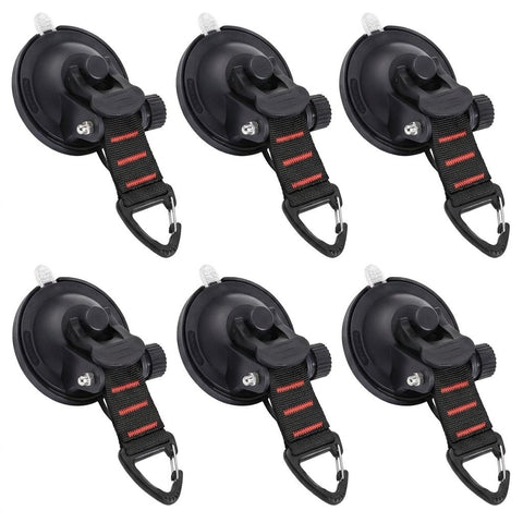 Heavy-Duty Suction Cup Hook with Strap and Carabiner Clip, 6-Pack for Camping, Car, Home, and Outdoor Gear – No-Drill Strong Hold on Smooth Surfaces, Ideal for Awning Tie-Down, Hanging Items, and Securing Accessories (6PCS, Black)