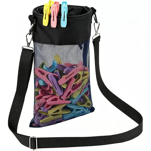 Hanging Clothespin Storage Bag with Drawstring Closure, Quick-Dry Mesh Organizer for Laundry Room, Adjustable Strap for Line Drying, Portable Clip Holder for Home, Dorm, and Travel Use (Black)