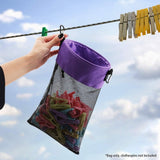 Hanging Clothespin Storage Bag with Drawstring Closure, Quick-Dry Mesh Organizer for Laundry Room, Adjustable Strap for Line Drying, Portable Clip Holder for Home, Dorm, and Travel Use (Black)