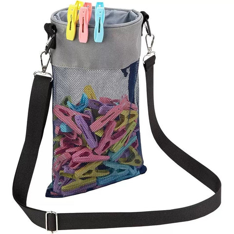Hanging Clothespin Storage Bag with Drawstring Closure, Quick-Dry Mesh Organizer for Laundry Room, Adjustable Strap for Line Drying, Portable Clip Holder for Home, Dorm, and Travel Use (Grey)