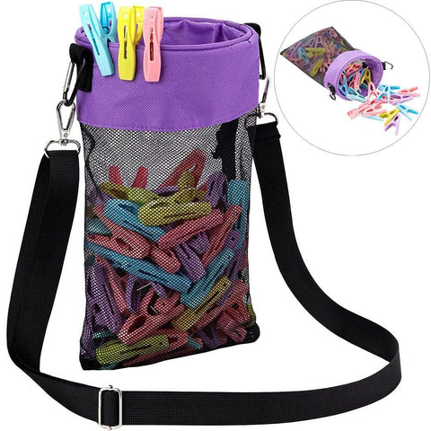 Hanging Clothespin Storage Bag with Drawstring Closure, Quick-Dry Mesh Organizer for Laundry Room, Adjustable Strap for Line Drying, Portable Clip Holder for Home, Dorm, and Travel Use (Purple)
