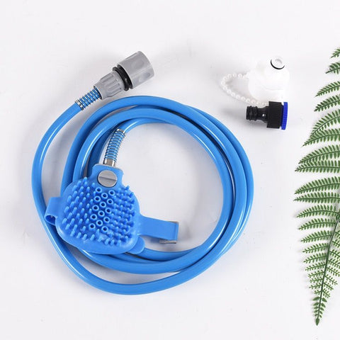 Soft Silicone Pet Bathing Massage Brush for Dogs and Cats – Hands-Free Shower Brush with Adjustable Hand Strap, Water Outlet Holes, and Faucet Adapters for Indoor and Outdoor Pet Grooming (Blue)