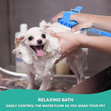 Soft Silicone Pet Bathing Massage Brush for Dogs and Cats – Hands-Free Shower Brush with Adjustable Hand Strap, Water Outlet Holes, and Faucet Adapters for Indoor and Outdoor Pet Grooming (Blue)