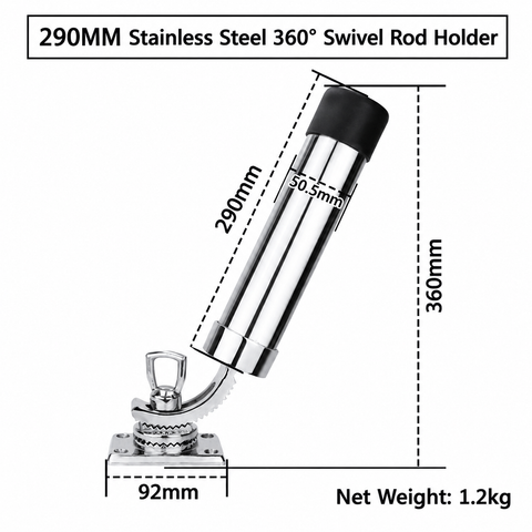 360 Degree Adjustable Boat Fishing Rod Holder with Marine Grade Stainless Steel Construction for Yacht and Boat Deck Mounting (290mm)