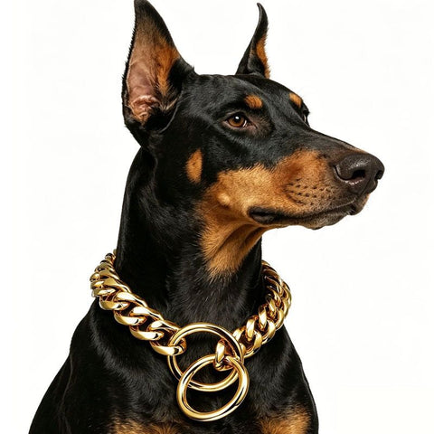 Stylish Cuban Link Dog Choke Chain Collar in Premium Stainless Steel – Available in Gold, Black, Steel, and Rose Gold, Designed for Training Control and Everyday Fashionable Wear, Fitting Small to Large Breeds with Adjustable Length Options. (Gold, 15mm*4