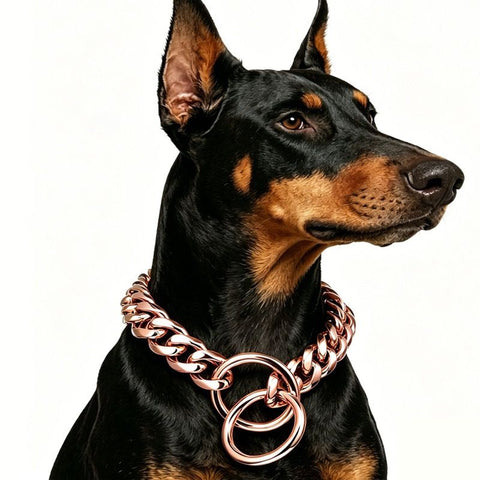 Stylish Cuban Link Dog Choke Chain Collar in Premium Stainless Steel – Available in Gold, Black, Steel, and Rose Gold, Designed for Training Control and Everyday Fashionable Wear, Fitting Small to Large Breeds with Adjustable Length Options. (RoseGold, 15