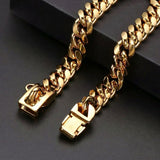 Heavy-Duty Metal Cuban Link Dog Collar with Bone Charm – 14mm Stainless Steel Hip-Hop Chain Necklace for Everyday Walks, Outdoor Adventures, and Stylish Pet Accessories in Gold, Silver, Black, and Rose Gold (RoseGold, 14mm*30.5cm（12in）)