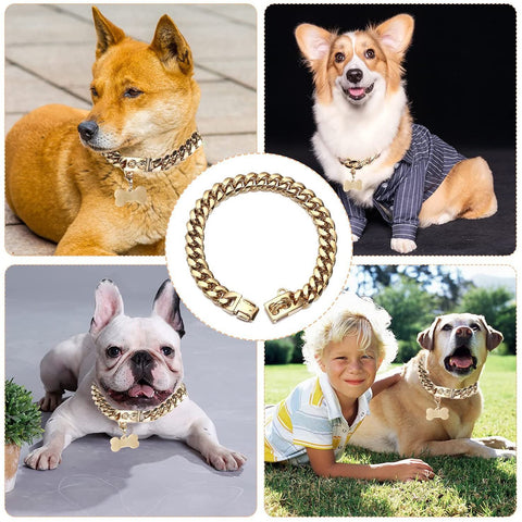 Heavy-Duty Metal Cuban Link Dog Collar with Bone Charm – 14mm Stainless Steel Hip-Hop Chain Necklace for Everyday Walks, Outdoor Adventures, and Stylish Pet Accessories in Gold, Silver, Black, and Rose Gold (RoseGold, 14mm*56cm（22in）)