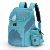 Comfortable hands-free pet carrier backpack with breathable mesh panels and padded shoulder straps, perfect for carrying small dogs and cats on walks, travel, and outdoor adventures while keeping your furry friend close and secure. (L, Black&Blue)