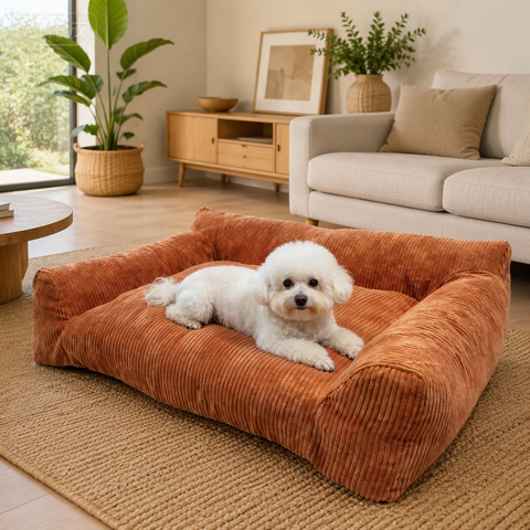 Plush Corduroy Pet Sofa Bed with Removable Heating Pad, Orthopedic Foam Support & Machine-Washable Cover – The Ultimate Cozy Retreat for Cats and Small Dogs (Orange) In Australia - Darrahopens