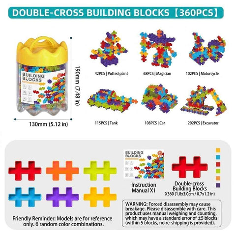 6-Color Mix Double Cross Building Blocks Set for Kids - Creative STEM Early Learning Toys for Ages 3-6, Ideal for Preschool, Home Play, and Educational Gifts (K360PCS)