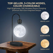 Levitating Moon Lamp with 15W Wireless Charger – 3D Printed Realistic Lunar Texture, 3 Color Modes, Magnetic Floating Globe Desk Light for Bedroom, Office, and Gift Giving (Black, Top‑Seller, 3‑Color Modes, Color‑Changeable, High Brightness, 15W Wireless