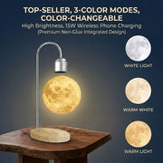 Levitating Moon Lamp with 15W Wireless Charger – 3D Printed Realistic Lunar Texture, 3 Color Modes, Magnetic Floating Globe Desk Light for Bedroom, Office, and Gift Giving (Black, Top‑Seller, 3‑Color Modes, Color‑Changeable, High Brightness, 15W Wireless