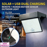 Solar Powered Outdoor LED Floodlight with Remote Control and Motion Sensor, Dual Charging via Solar and USB, Weatherproof Wall Light for Driveway Garden Patio, Choice of 6000K Daylight or 3000K Warm Glow (6000K White（1PCS）+3000K Warm（1PCS）)