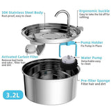 304 Stainless Steel 3.2L Pet Water Fountain with Triple Filtration, Ultra-Quiet Pump, and Dishwasher-Safe Design for Cats and Small Dogs (C3)
