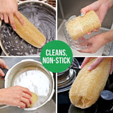 Natural Long Loofah Sponge for Kitchen Cleaning, Non-Stick Dish Scrubber, Eco-Friendly Plant Fiber Scouring Pad with Hanging Rope, Versatile for Pots, Pans, and Cookware (M, Shrink)