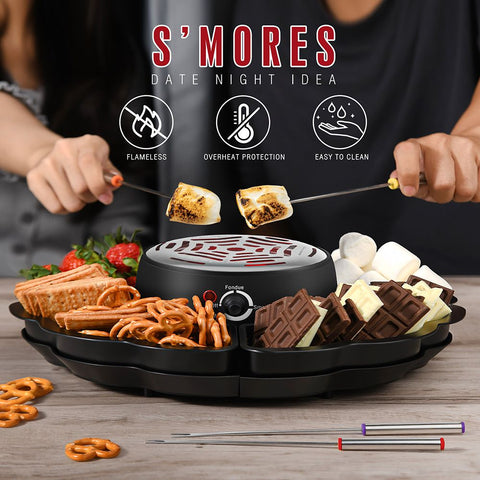 2-in-1 Electric Marshmallow Roaster and Chocolate Fondue Melting Pot with Stainless Steel Grill, Snack Tray and Forks for Cozy Home Gatherings, Date Nights and Holiday Parties (Black)