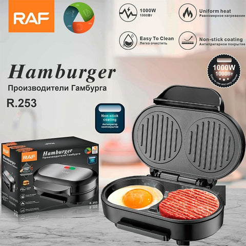 Darrahopens Appliances > Kitchen Appliances > Speciality Appliances RAF R.253 Household Hamburger Maker with Dual Non-Stick Cooking Plates, 1000W Even Heating, Opens Flat for Eggs and Patties, Compact Countertop Breakfast Sandwich Machine for Home Kitchens (Black) In Australia - Darrahopens