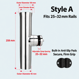 Marine Grade Stainless Steel Fishing Rod Holder with Adjustable Clamp for Boat Rail Mount, 360 Degree Rotatable Side Mount Tackle Rack for Yacht Kayak Fishing (A, 32-50mm)