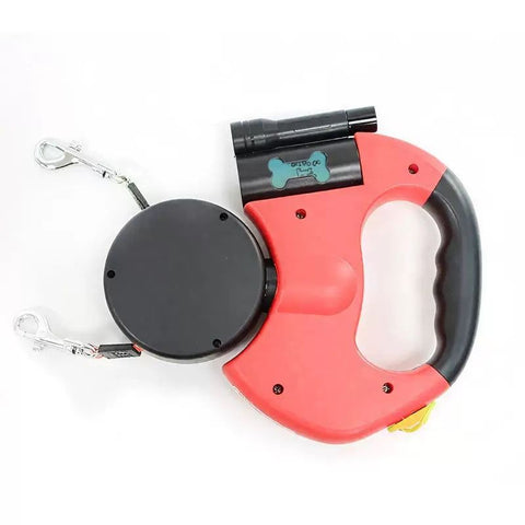 Dual-Head Retractable Dog Leash with Bright LED Flashlight and Built-in Waste Bag Dispenser – Walk Two Dogs Safely at Night with 360° Tangle-Free Control and Reflective Webbing (Red)