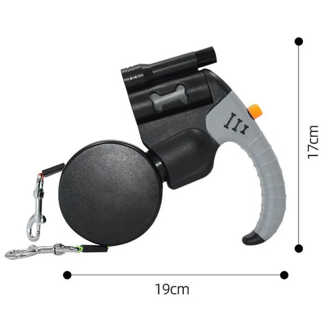 Dual-Head Retractable Dog Leash with Bright LED Flashlight and Built-in Waste Bag Dispenser – Walk Two Dogs Safely at Night with 360° Tangle-Free Control and Reflective Webbing (Black‑Gray)