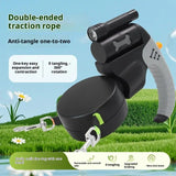Dual-Head Retractable Dog Leash with Bright LED Flashlight and Built-in Waste Bag Dispenser – Walk Two Dogs Safely at Night with 360° Tangle-Free Control and Reflective Webbing (Brown‑Gray)