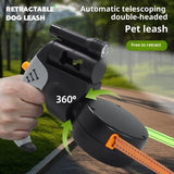 Dual-Head Retractable Dog Leash with Bright LED Flashlight and Built-in Waste Bag Dispenser – Walk Two Dogs Safely at Night with 360° Tangle-Free Control and Reflective Webbing (Brown‑Gray)