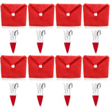 Christmas Decoration 16-Piece Set: Festive Chair Covers and Mini Santa Hat Utensil Sleeves for Holiday Dinner Parties, Table Decor, and Wine Bottle Accents (Red)