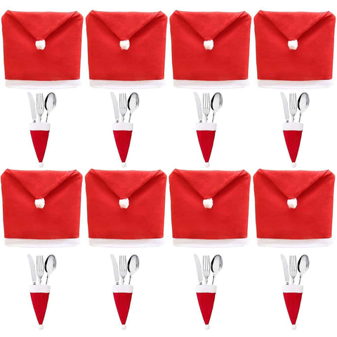 Christmas Decoration 16-Piece Set: Festive Chair Covers and Mini Santa Hat Utensil Sleeves for Holiday Dinner Parties, Table Decor, and Wine Bottle Accents (Red)