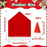 Christmas Decoration 16-Piece Set: Festive Chair Covers and Mini Santa Hat Utensil Sleeves for Holiday Dinner Parties, Table Decor, and Wine Bottle Accents (Red)