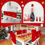 Christmas Decoration 16-Piece Set: Festive Chair Covers and Mini Santa Hat Utensil Sleeves for Holiday Dinner Parties, Table Decor, and Wine Bottle Accents (Red)
