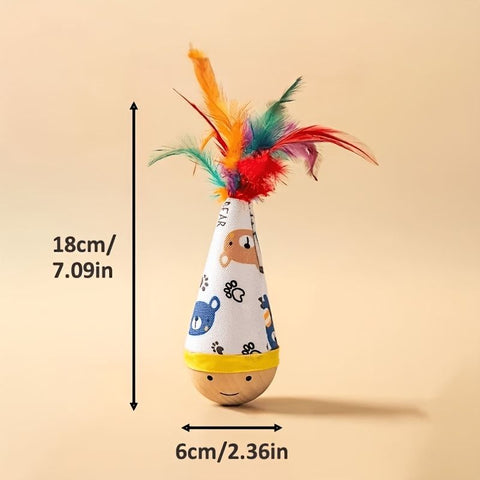 Interactive Wobble Cat Toy with Feathers and Wooden Base – Durable, Self-Righting Design for Endless Play, Exercise, and Entertainment for All Cat Breeds and Sizes (Feather, White)