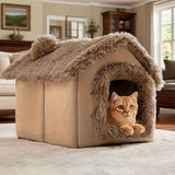 Plush Pet House with Detachable Cushion – Cozy, Warm, and Stylish Indoor Cat or Small Dog Bed – Soft Faux Fur Hideaway with Doorway – Perfect for Year-Round Comfort and Relaxation (L, Brown)