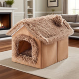 Plush Pet House with Detachable Cushion – Cozy, Warm, and Stylish Indoor Cat or Small Dog Bed – Soft Faux Fur Hideaway with Doorway – Perfect for Year-Round Comfort and Relaxation (M, Brown)