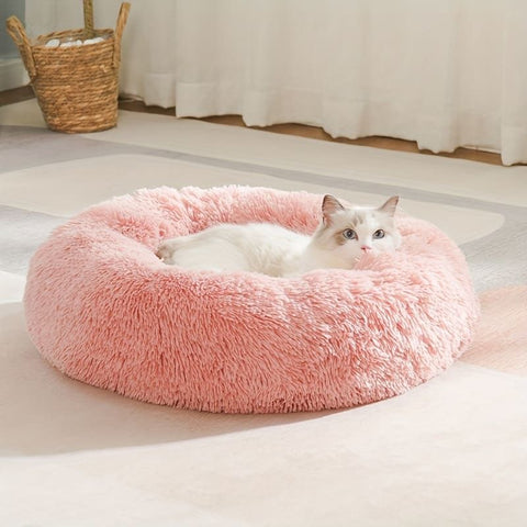 Plush Pet Nest Soft Donut Cat Bed – Cozy Round Couch for Cats and Small Dogs, Comfortable Sleeping Spot for Warmth and Deep Sleep, Suitable for Indoor Home Use (XL, Pink)