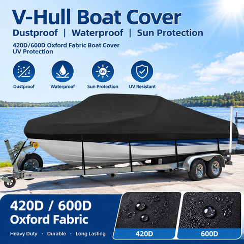 420D/600D Marine Grade Oxford Boat Cover with UV and Waterproof PU Coating, Heavy Duty V-Hull Protection for Docking and Trailer Transport, All-Weather Dust and Sun Shield (Grey 600D Oxford, B) In Australia - Darrahopens