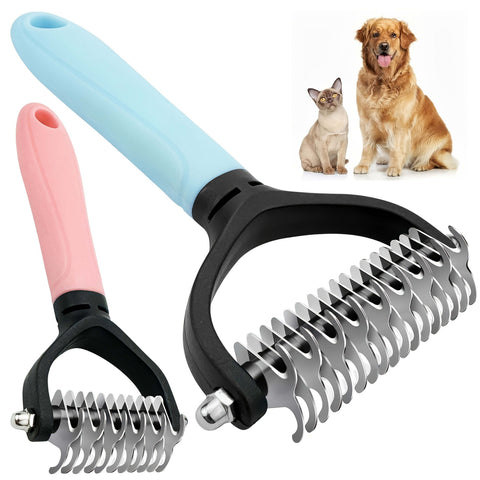Professional Pet Dematting Comb for Dogs and Cats - Stainless Steel Grooming Tool for Removing Tangles, Mats, and Loose Undercoat Hair, Ideal for Long-Haired and Thick-Coated Breeds - L - Sky Blue