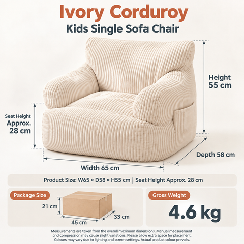Kids Single Sofa Chair with Corduroy Fabric and Storage Pocket, Cozy Bean Bag Lounger for Children Bedroom and Home Reading Nook (Ivory) In Australia - Darrahopens
