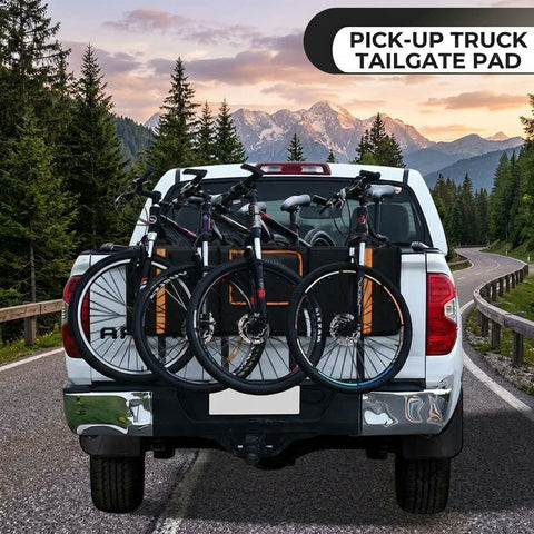 Heavy-Duty Pickup Tailgate Bike Pad with Cushion Layer, Scratch-Proof Protective Cover for Outdoor Cycling Adventures, Secure Fit for 1, 4, or 5 Bikes, Reflective Trim for Safety, Easy Access Handle and Camera Cutout, Ideal for Road Trips and Weekend Ridi