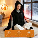 Graphene Heated Hooded Poncho Blanket – USB-Powered Wearable Shawl for Office, Home, Outdoor, and Travel with 3 Adjustable Temperature Settings and Soft Cotton Blend Fabric (Black)