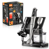5-in-1 Handheld Immersion Blender Set with 500W Motor, Stainless Steel Blades, 700ml Beaker, Chopper Bowl, Whisk and Masher Attachments for Smoothies, Baby Food, Soups and Baking (Silver)
