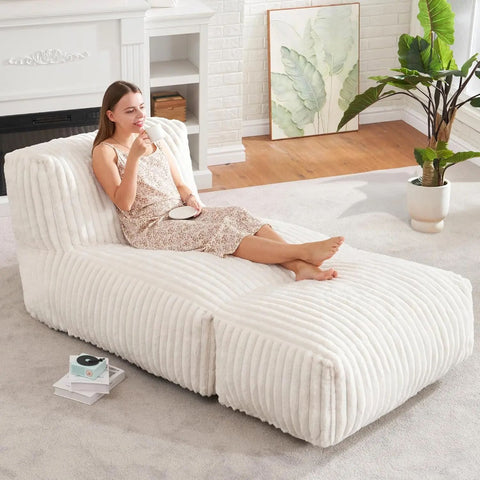Darrahopens Furniture > Sofas > Sofas & Sofa Beds Ergonomic Bean Bag Chaise Lounger with Vertical Plush Fabric and High-Density Foam for Living Room Reading, Napping, and TV Watching (Beige) In Australia - Darrahopens