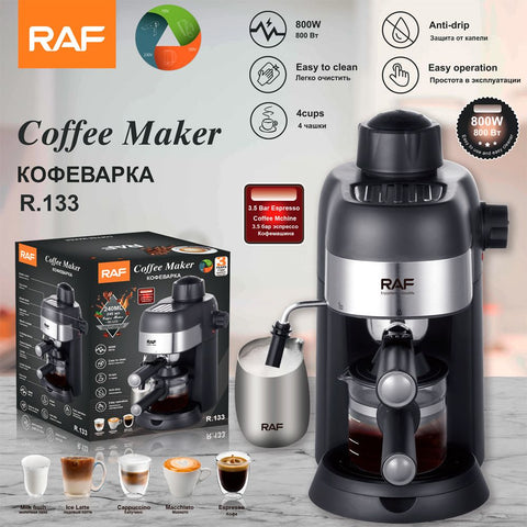 Compact 800W Espresso Coffee Maker with Steam Milk Frother, 240ml Glass Carafe, 4-Cup Capacity, Perfect for Home Kitchen and Small Office Use (Black)