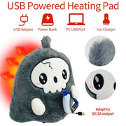USB-Powered Plush Heating Pad with Cute Grim Reaper Design – Portable Warmth for Home, Office, Car, and Halloween-Themed Gifting (Grey)