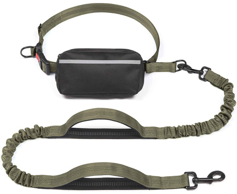 Hands-Free Dog Leash Set with Waist Belt and Storage Pouch, Shock-Absorbing Bungee Leash for Jogging, Walking, and Outdoor Adventures, Reflective Safety Design for Night Use (DarkGreen) In Australia - Darrahopens
