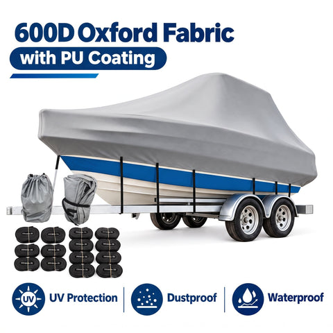 Darrahopens Home & Garden > Shading > Umbrellas & Sunshades 600D Oxford Fabric Boat Cover with UV and Waterproof PU Coating, Fits T-Top and JUMBO Boats, Protects Against Sun, Dust, and Rain for Outdoor Storage and Trailer Use (T-TOP Silver Grey, S05) In Australia - Darrahopens