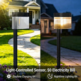 Solar Powered Outdoor Wall Lamp with Radar Motion Sensor, Dual Installation as Wall Mount or Ground Spike, Rechargeable Garden Path Light, Warm White Glow for Patio, Lawn, and Entryway Illumination (Warm Light, 2PCS)