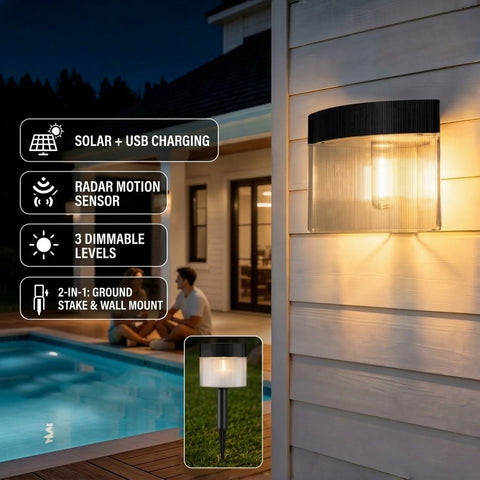 Solar Powered Outdoor Wall Lamp with Radar Motion Sensor, Dual Installation as Wall Mount or Ground Spike, Rechargeable Garden Path Light, Warm White Glow for Patio, Lawn, and Entryway Illumination (Warm Light, 4PCS) In Australia - Darrahopens