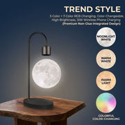 Maglev Floating Moon Lamp with 15W Wireless Charger, 3D Printed Sphere, 3 Color Temperatures & 7-Color RGB Gradient, Metal Stand, Ideal Bedside Decor, Desk Light, and Gift Choice (Black, Trend Style,3‑Color + 7‑Color RGB Changing,Color‑Changeable,High Bri